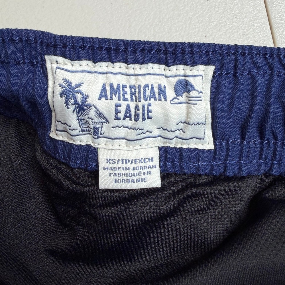 American Eagle Mens XS Tropical Leaf Swim Trunks Navy Teal 5 Inch Inseam Shorts - Picture 3 of 12